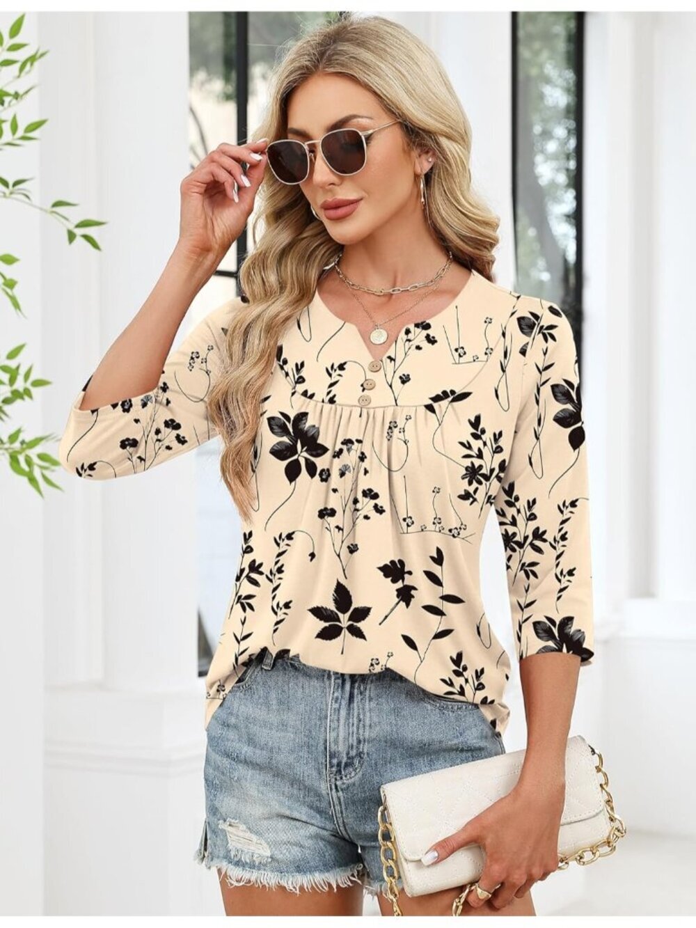 Women's Apricot Black Long Sleeve V Neck Casual Henley Blouses Tops T Shirt - Picture 3 of 5